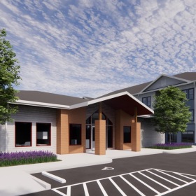 a building with a parking lot